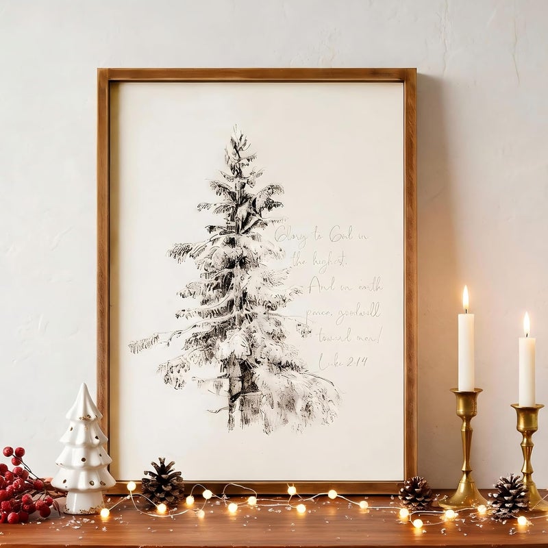 Ronasip Vintage Framed Christian Wall Art - Sketch Pine Trees Biblical Painting With Scripture 'Glory To God In The Highest' -Rustic Wall Sign, Winter Scene Wall Art Decor, Home Decor (16"x24", Brown) - Image 1